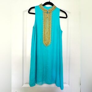 Lilly Pulitzer Jane Turquoise Dress with Gold Embroidery